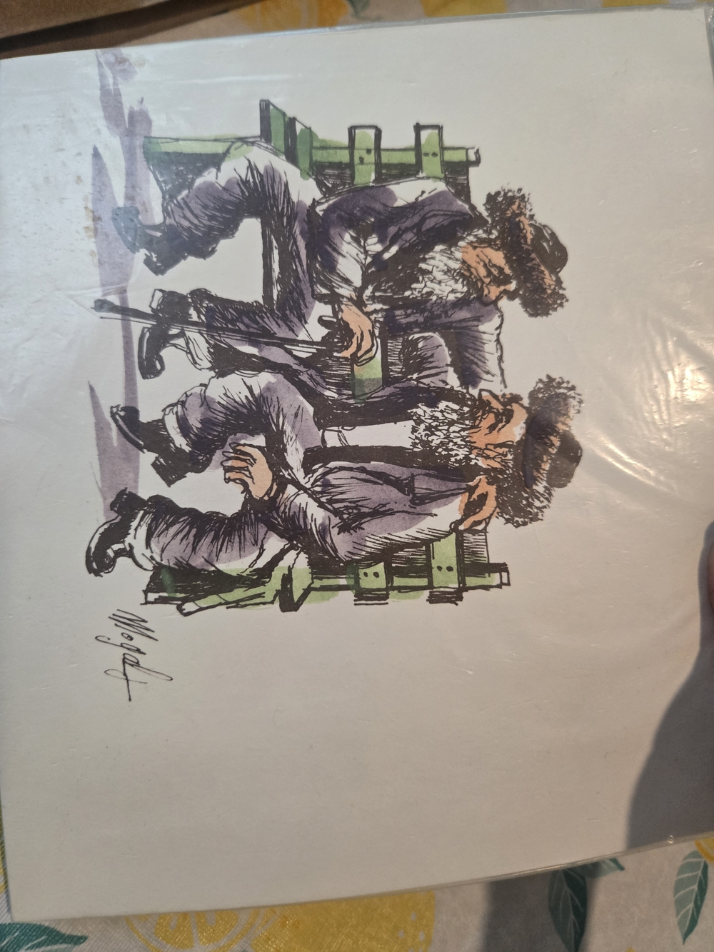 Orthodox Jewish men sitting together on a green bench Signed By Mogal